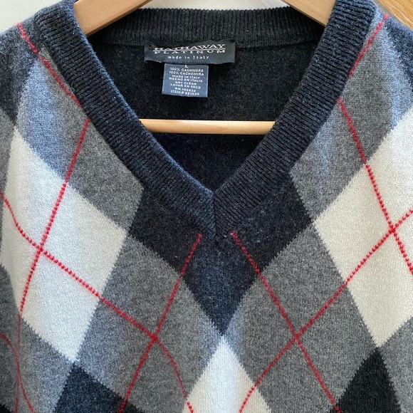 HATHAWAY PLATINUM MEN’S 100% CASHMERE PULLOVER SWEATER ARGYLE V-NECK SIZE L - Picture 7 of 16